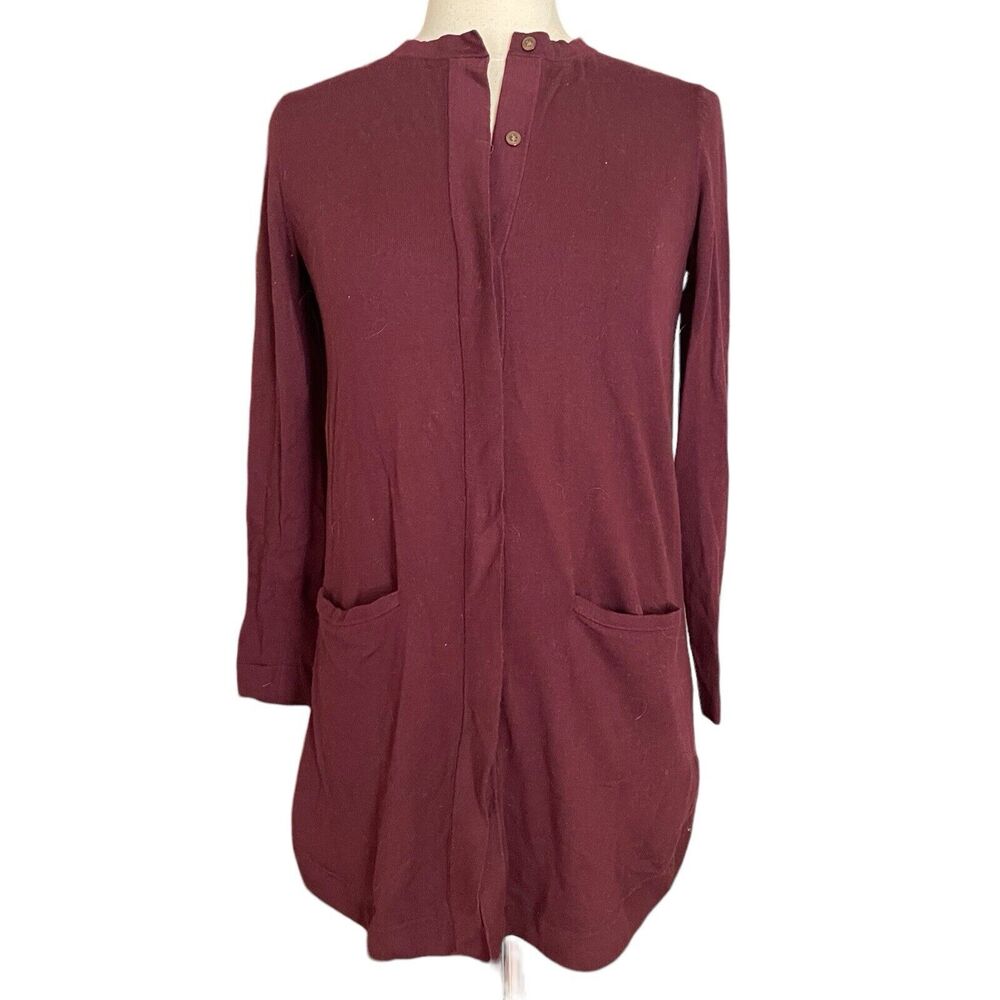 J. Jill Cardigan Sweater Tunic Length Sz XS Lightweight Duster Wine with Pockets